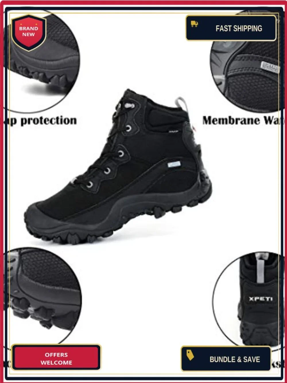 Waterproof Hiking Boots Non Slip Ankle High Durable Rubber Sole Lace Up